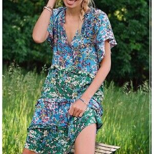 Anthropologie Blue & Green Floral Tiered Mini Dress